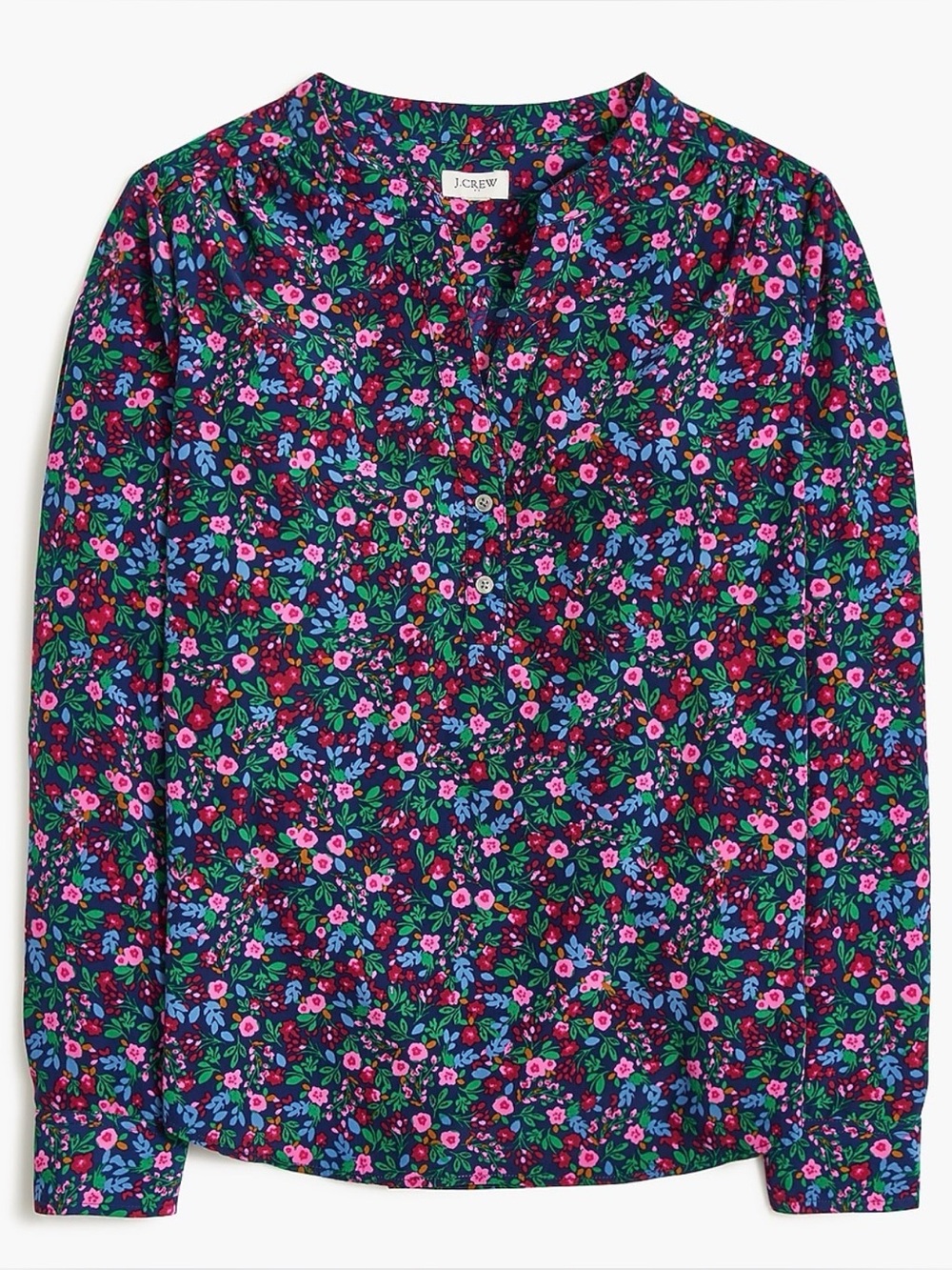 J. Crew Navy Floral Button-Up Blouse with Pink, Blue and Green Print